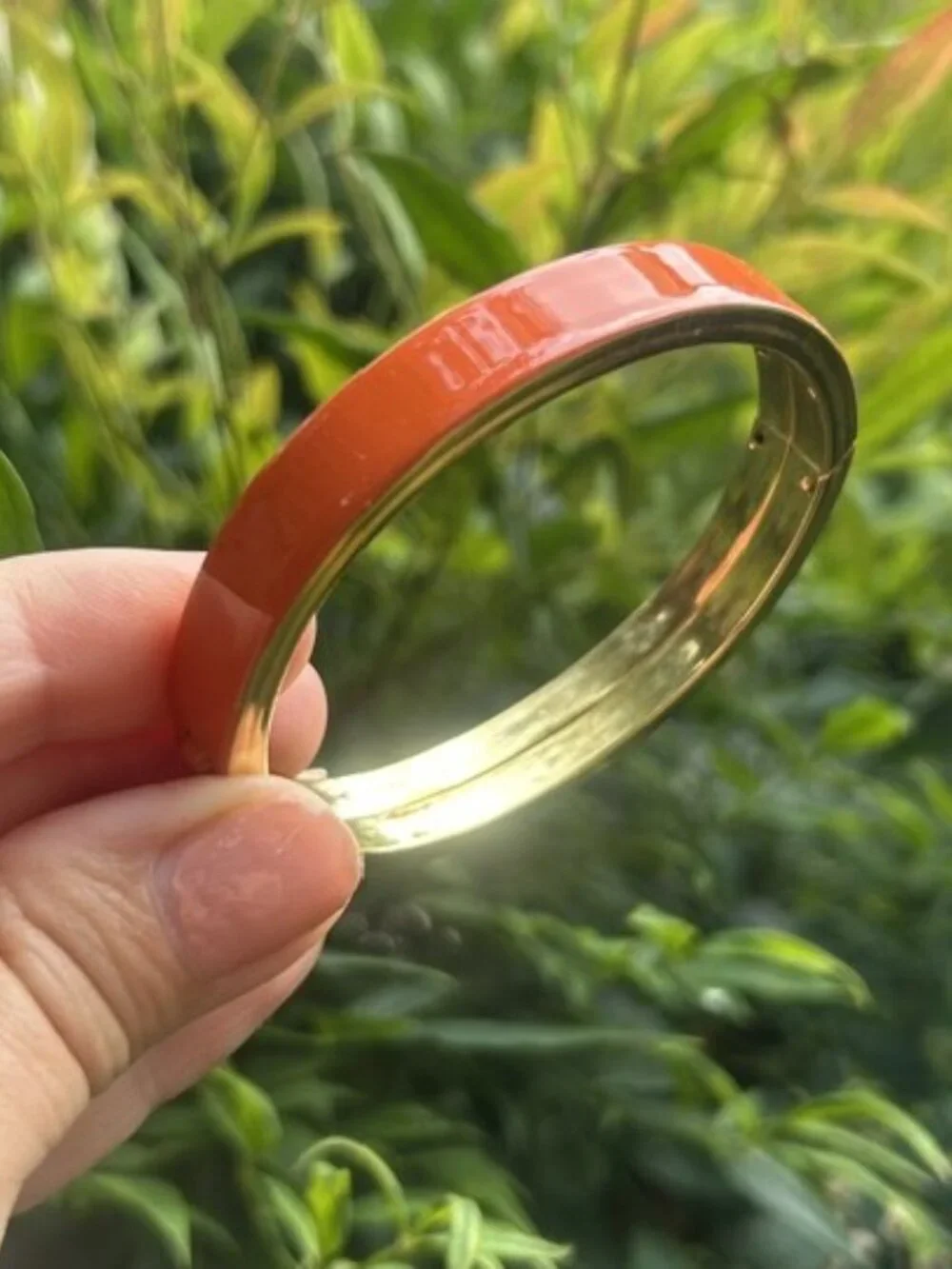 ORANGE ENAMEL Gold Tone Hinged Clamper Bangle BRACELET